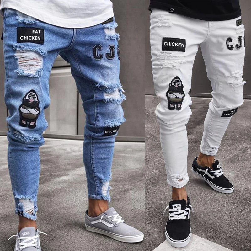 Men Stretchy Ripped Skinny Biker Cartoon Jeans