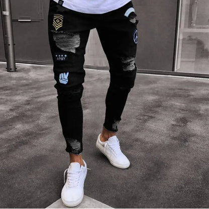 Men Stretchy Ripped Skinny Biker Cartoon Jeans