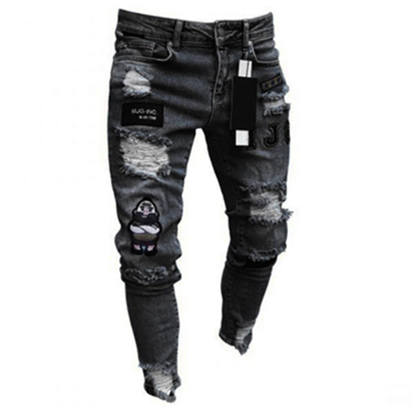 Men Stretchy Ripped Skinny Biker Cartoon Jeans