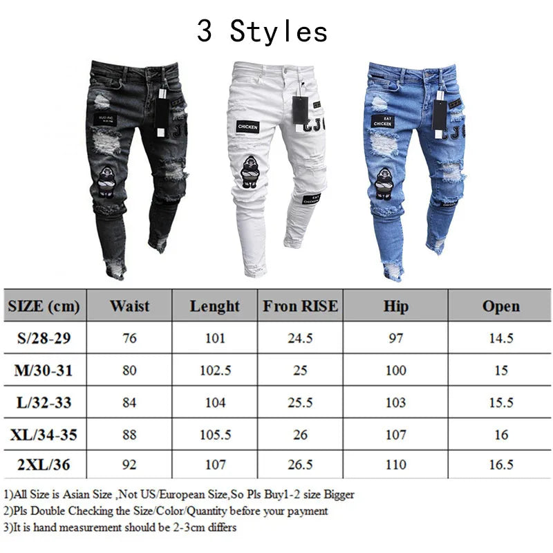 Men Stretchy Ripped Skinny Biker Cartoon Jeans