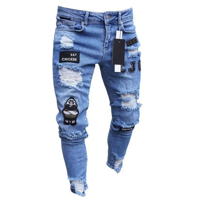 Men Stretchy Ripped Skinny Biker Cartoon Jeans