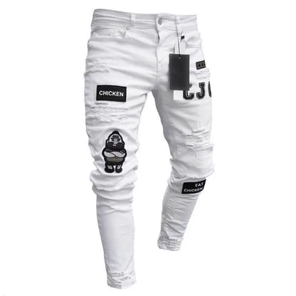 Men Stretchy Ripped Skinny Biker Cartoon Jeans