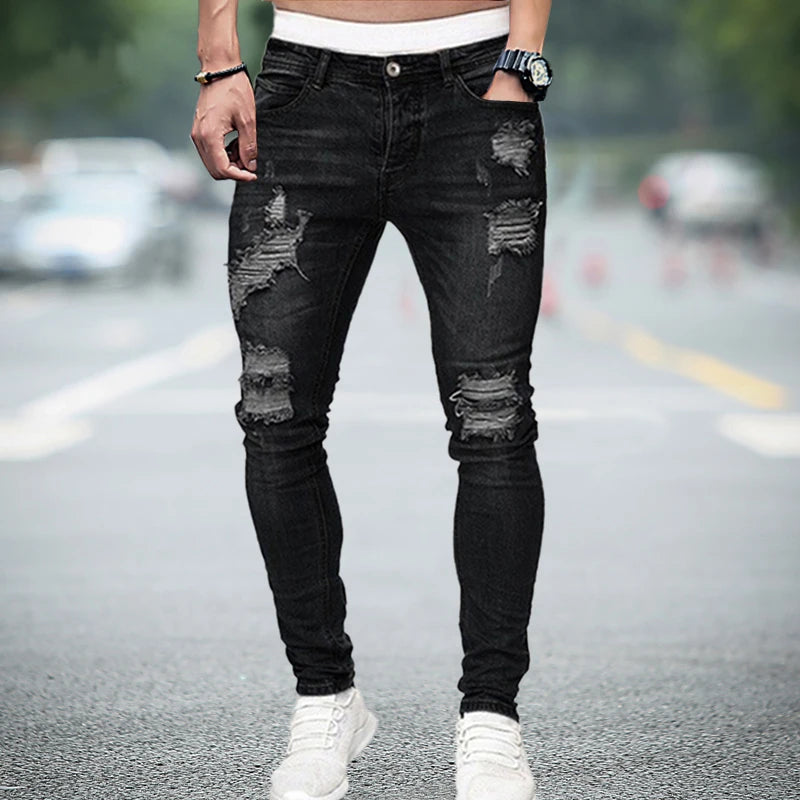 Men Stretchy Ripped Skinny Biker Cartoon Jeans