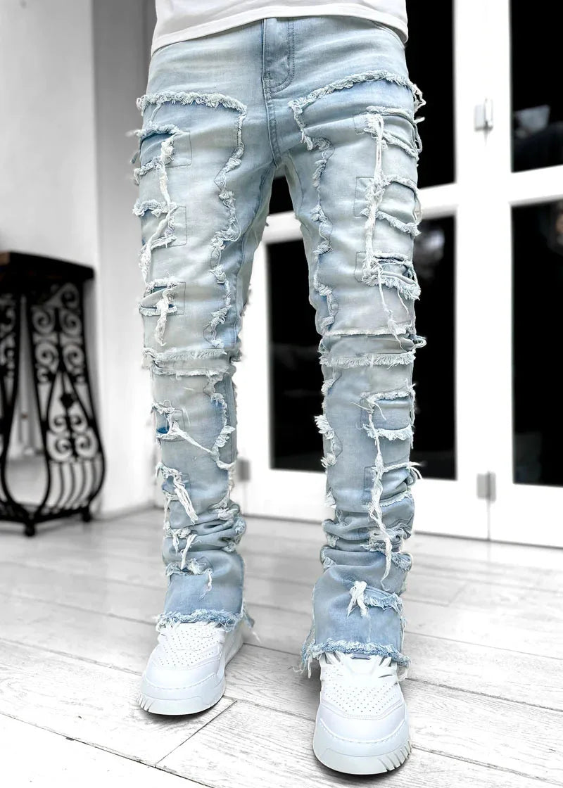 Men's stacked ripped jeans