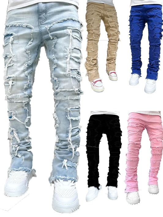 Men's stacked ripped jeans